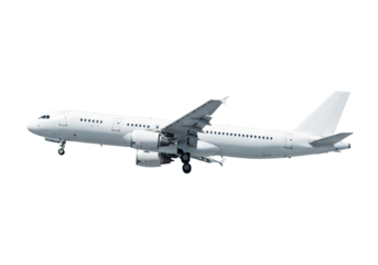 A modern passenger airplane in flight against a clear white sky, isolated on transparent background