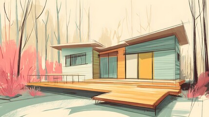 Modern prefabricated dwelling features vibrant foreground foliage nestled among sparse woodland