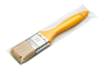 A new paint brush with a yellow handle, bristles covered in plastic packaging, isolated on transparent background