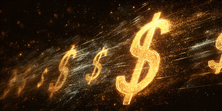 Glowing dollar symbols in fast motion