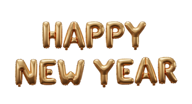 Golden happy new year balloons isolated on transparent background