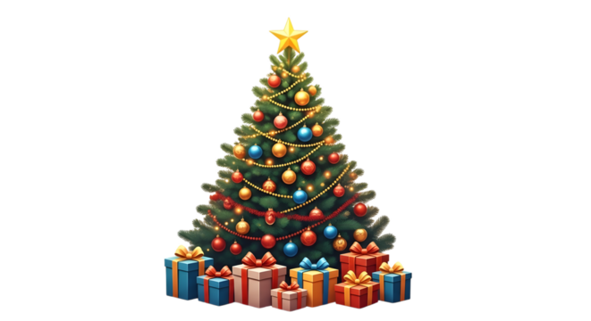 Decorated christmas tree with gifts isolated on transparent background - Powered by Adobe