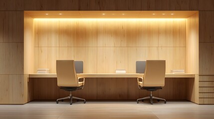 Contemporary office workspace features built in wooden cabinetry and illuminated backdrop