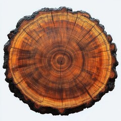 Obraz premium Close-up image of a polished tree stump cross-section showing detailed annual growth rings with dark cracked outer bark edges on a white background