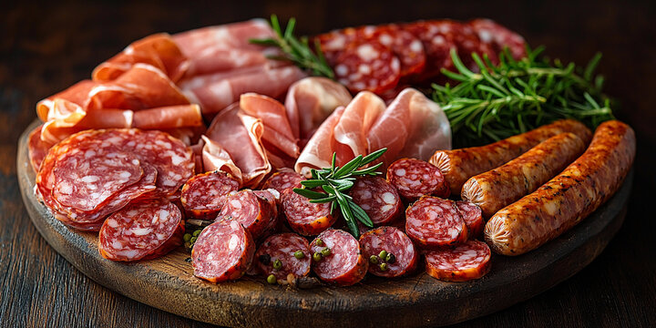 Rustic meat platter with assorted cured meats and herbs Generative AI