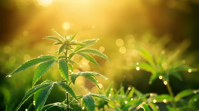 Marijuana cannabis topic concept. cannabis plant with dewdrops on leaves during golden hour.