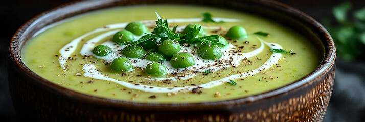 Creamy pea soup served in a rustic ceramic bowl Generative AI