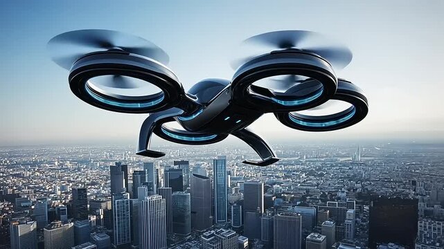 Autonomous airborne vehicle navigating urban landscapes, showcases future transport innovation and drone technology progress in cities