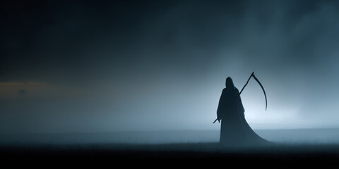 Grim reaper walks across misty blue landscape