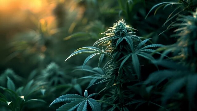 Marijuana cannabis topic concept. A closeup shot of a cannabis plant during what appears to be the golden hour, with the sun casting a warm, golden hue over the scene.