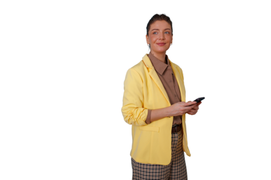Professional woman in yellow blazer looking away, holding smartphone, business communication and networking concept