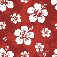 Seamless pattern of white hibiscus flowers on a red background