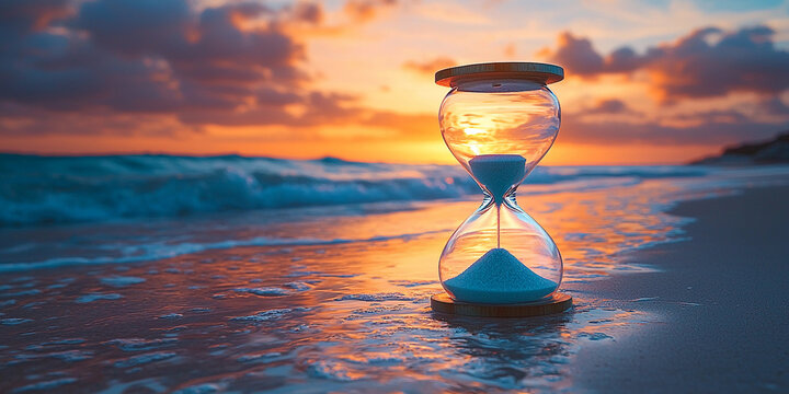 Hourglass on beach at sunrise represents time passing Generative AI