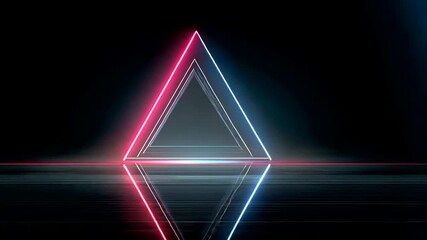 Abstract neon triangles in pink and blue glow within a dark reflective tunnel - Powered by Adobe
