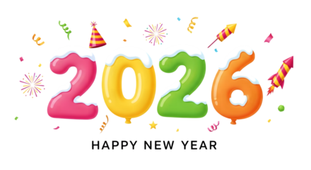 Colorful 2026 balloons with snow isolated on transparent background