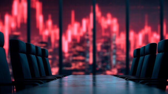 A modern conference room with black chairs and a glowing skyline featuring red financial data visuals in the background.