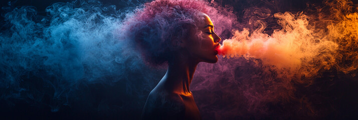 Woman exhaling colorful smoke in an artistic display Generative AI