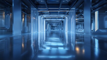 Illumination glows intensely within a futuristic, sterile interior corridor structure