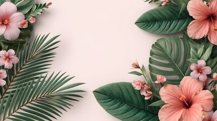 Obraz premium Lush tropical foliage and soft pink blossoms frame a light pastel background canvas
