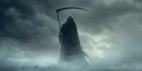 Grim reaper holding scythe standing in fog beneath stormy sky