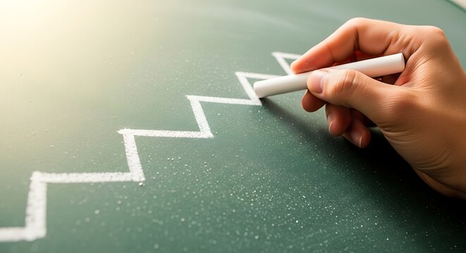 Hand drawing a staircase with chalk on a green chalkboard surface