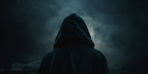 Hooded figure in darkness facing misty light in eerie environment