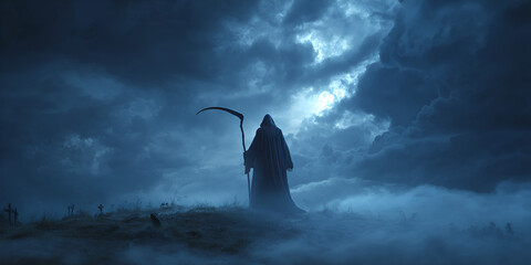 Grim reaper with scythe standing in fog under dramatic night sky