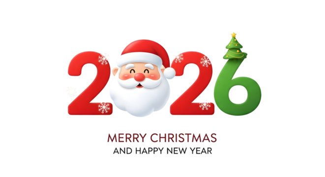 Merry christmas 2026 with santa claus isolated on transparent background