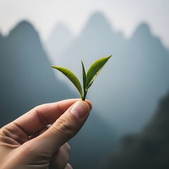 Hand Holding Single Tea Leaf with Foggy Mountain Background in Morning Light