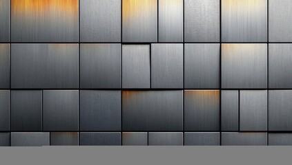 Gray metallic rectangular panels arranged in a grid pattern with subtle orange and yellow light reflections creating a modern industrial atmosphere
