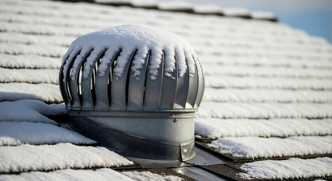 Roof vent covered with snow on a winter day  