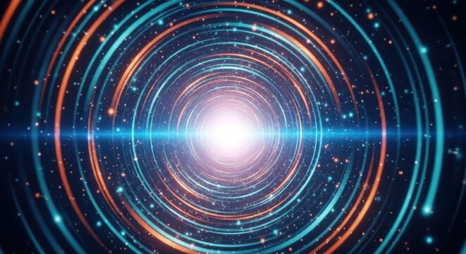 Abstract Circular Light Tunnel with Glowing Particles and Concentric Rings