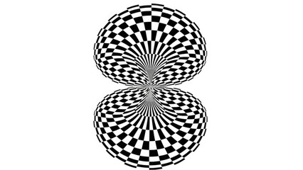 “Black and white optical illusion design featuring a warped checkerboard forming two mirrored spherical vortex shapes, bold high-contrast op-art pattern creating a hypnotic 3D tunnel effect, perfect 