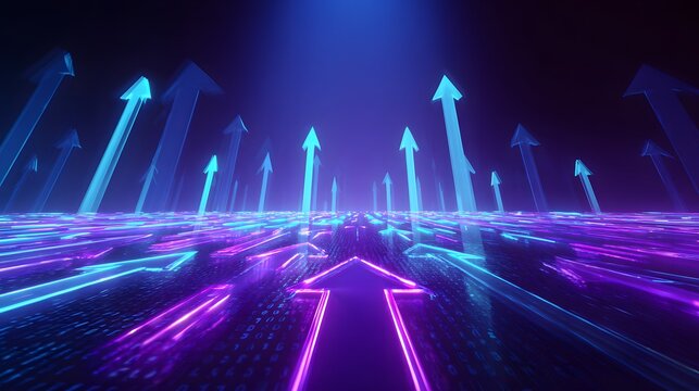Multiple glowing neon arrows project upwards from a dark digital surface into a blue atmosphere