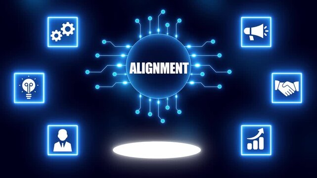 Alignment Concept with Central Text and Surrounding Business Icons Connected by Digital Network strategy
