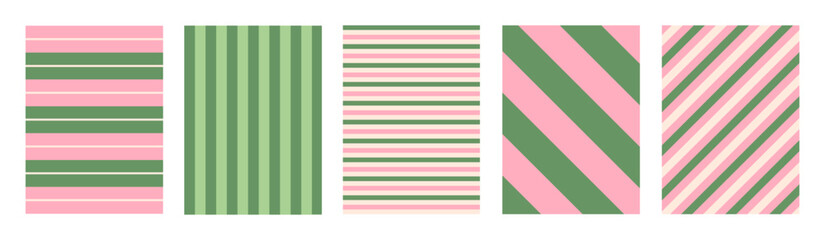 Set of of striped geometric vertical backgrounds. Colorful straight and diagonal stripes for cards, posters, covers, banners or branding. Pink, beige and green colors. Vector illustration