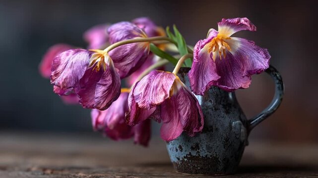 Close-up of wilting purple flowers in a dark ceramic vase, on a textured wooden surface
