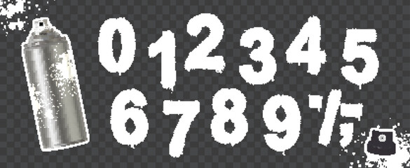 Spray painted stencil numbers from 0 to 9 with can and cap on transparent dark checkered background.