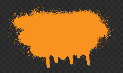 Orange spray paint splatter with drips on transparent checkered background.