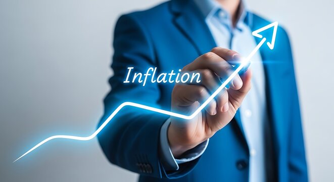 Rising inflation shown with an upward arrow and business professional - Powered by Adobe