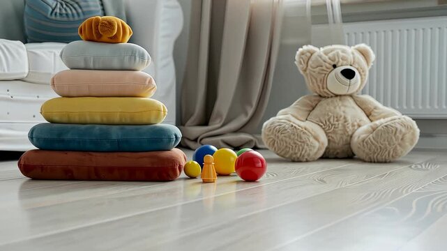 A cozy room features a stack of colorful cushions beside a friendly teddy bear, surrounded by vibrant toys and gentle lighting