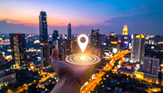A person's hand holding a glowing location pin symbol over a vibrant city skyline at sunset, showcasing the intersection of technology and urban life, ideal for navigation themes.