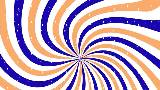 “Retro swirl spiral pattern with alternating peach and deep blue curved rays converging at the center, vintage psychedelic twist design with subtle grain texture, bold abstract background ideal for po