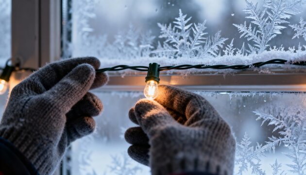 Hands in gray mittens holding a warm, glowing string light against a window covered in intricate frost patterns.