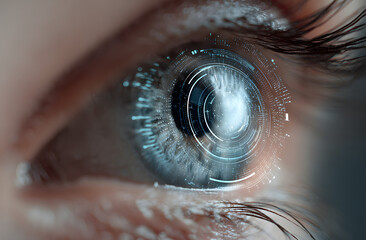 Close-up of human eye with futuristic tech interface. Digital biometric scan, iris recognition, cyber security, authentication. Artificial intelligence system, human-machine interaction, tracking