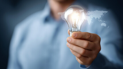 Business leader lifting lightbulb with defocused world map core, faceless data-driven success, binary visualization detail, blurred financial background, global concept, leadership