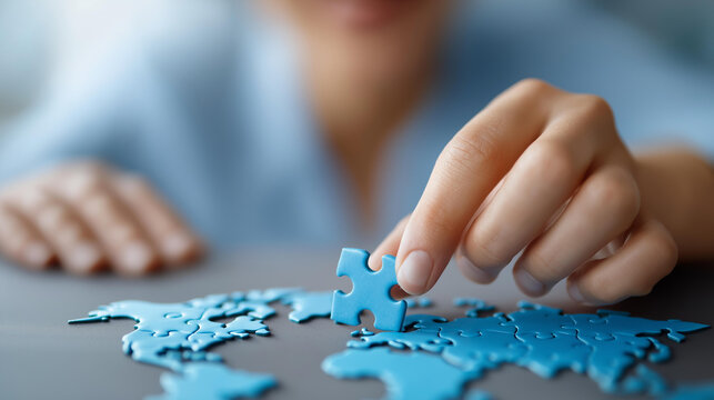 Hand placing puzzle pieces forming world defocused blue map, faceless teamwork symbol, global visualization detail, blurred digital background, collaboration concept, innovation in