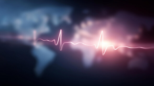 Global pulse digital heartbeat with defocused world technology, faceless worldwide connectivity, data visualization detail, blurred network background, international pulse concept,
