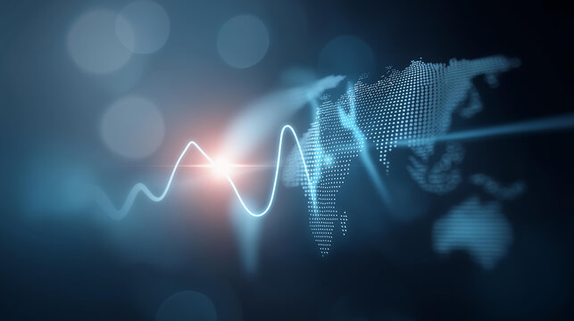 Global pulse digital heartbeat with defocused world technology, faceless worldwide connectivity, data visualization detail, blurred network background, international pulse concept,