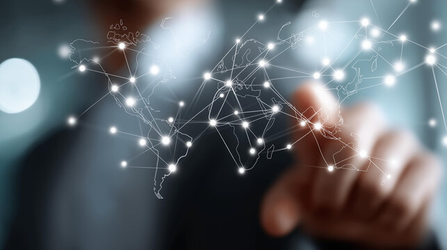 Global financial data connections overlayed defocused world map, faceless international finance, network visualization detail, blurred economic background, worldwide concept, data